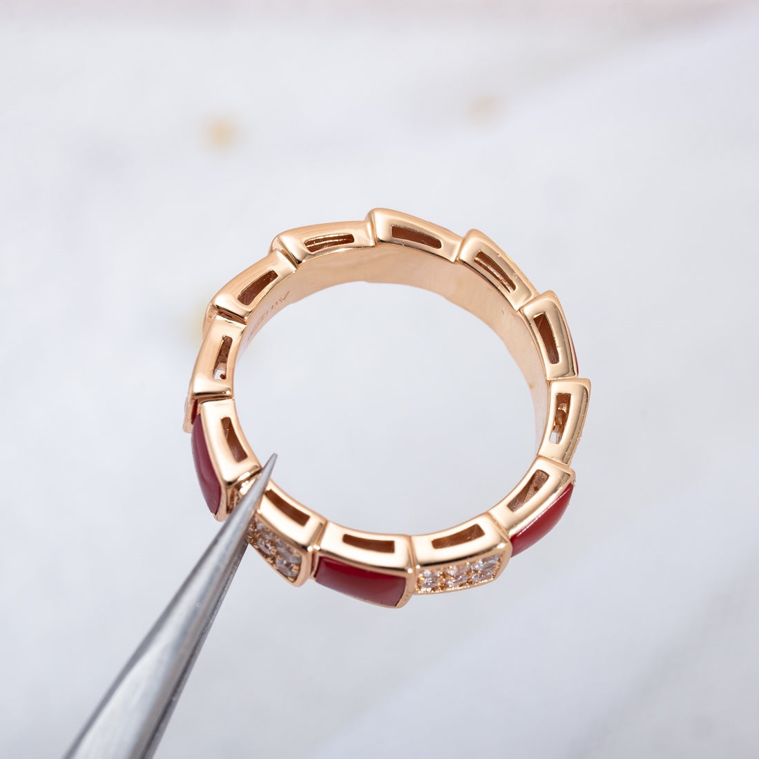 BVLGARI SERPENTI RING PINK GOLD CARNELIAN DIAMOND PAVED 4MM