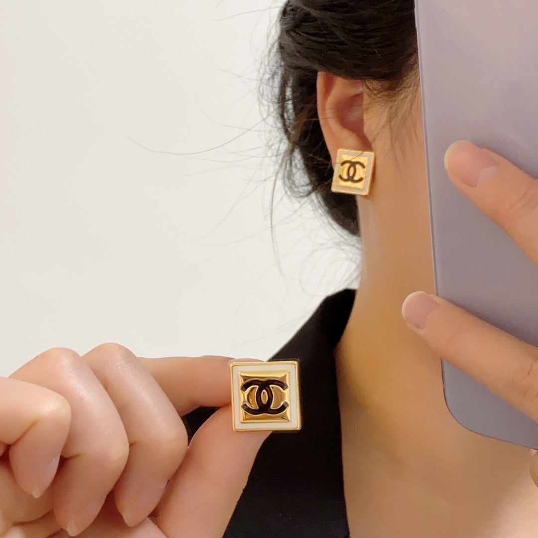 Chanel Light Gold And White Enamel Square Earrings