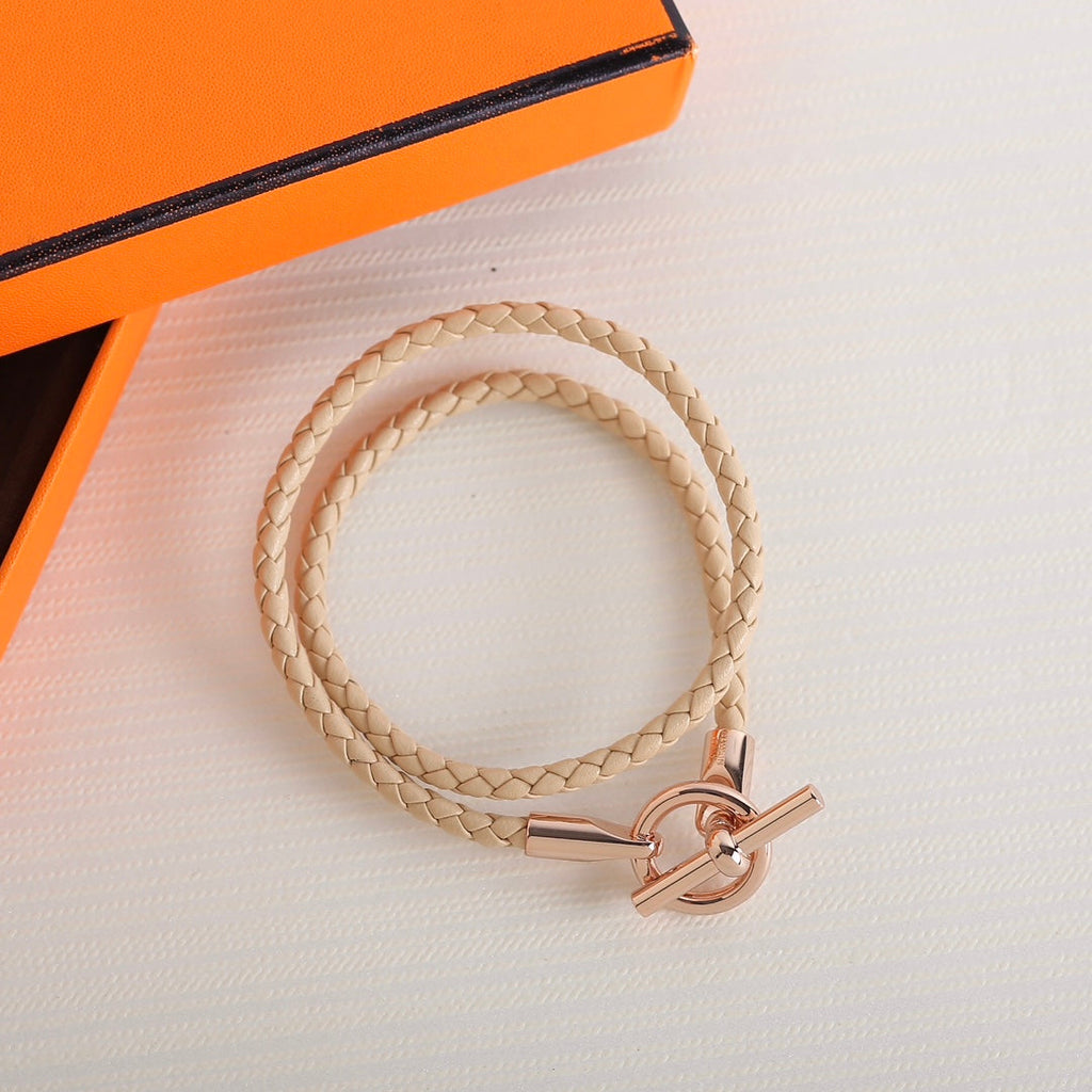 HERMES GLENAN DOUBLE TOUR PINK GOLD LEATHER BRACELET