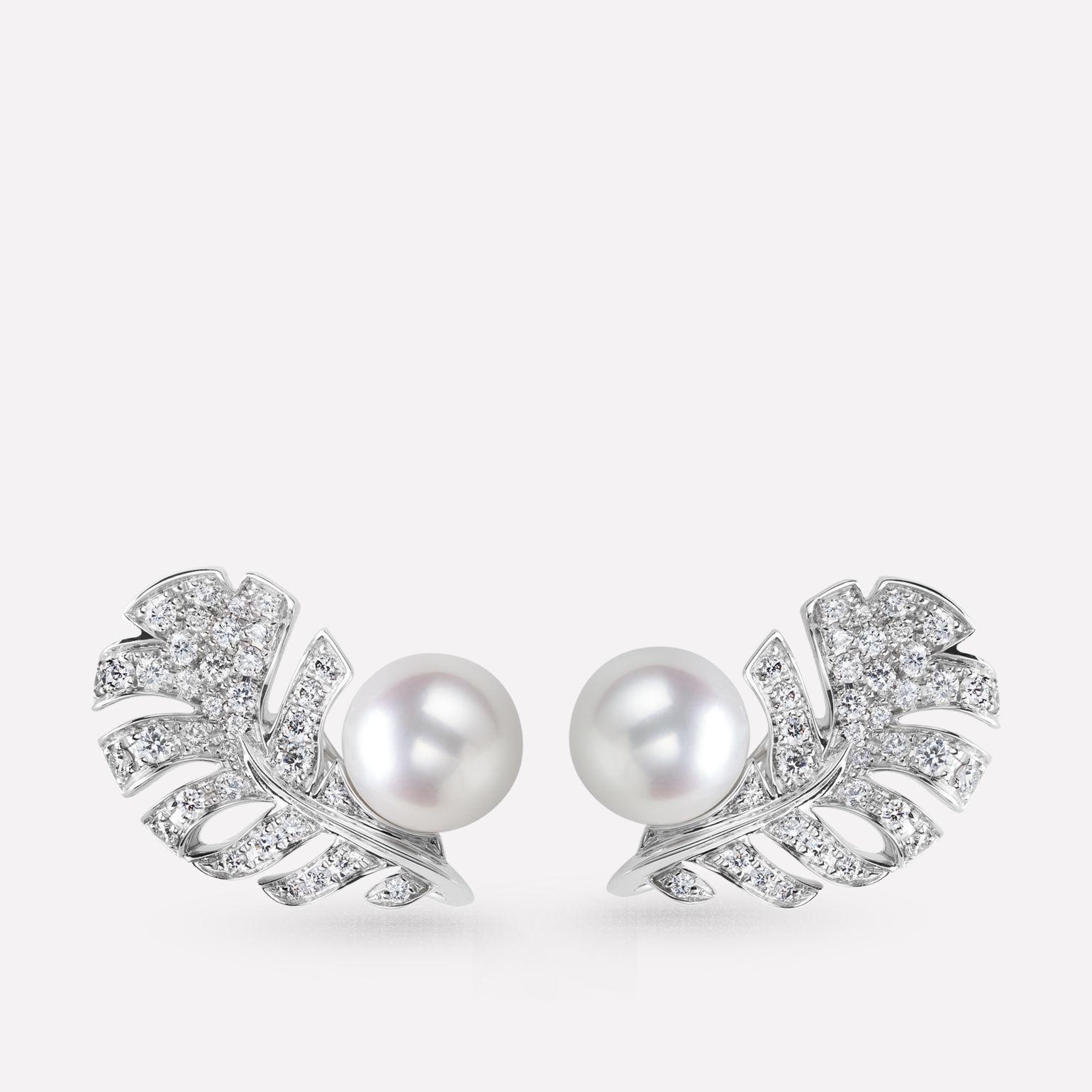Chanel Plume De Earrings Silver Diamond Pearl